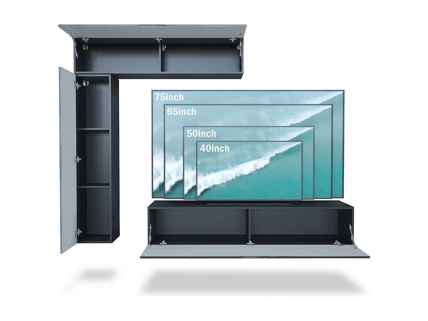 Meuble-paroi Taurito, noir mat/aspect béton oxyde - Meuble-paroi moderne pour votre salon (320 x 182 x 39 cm)