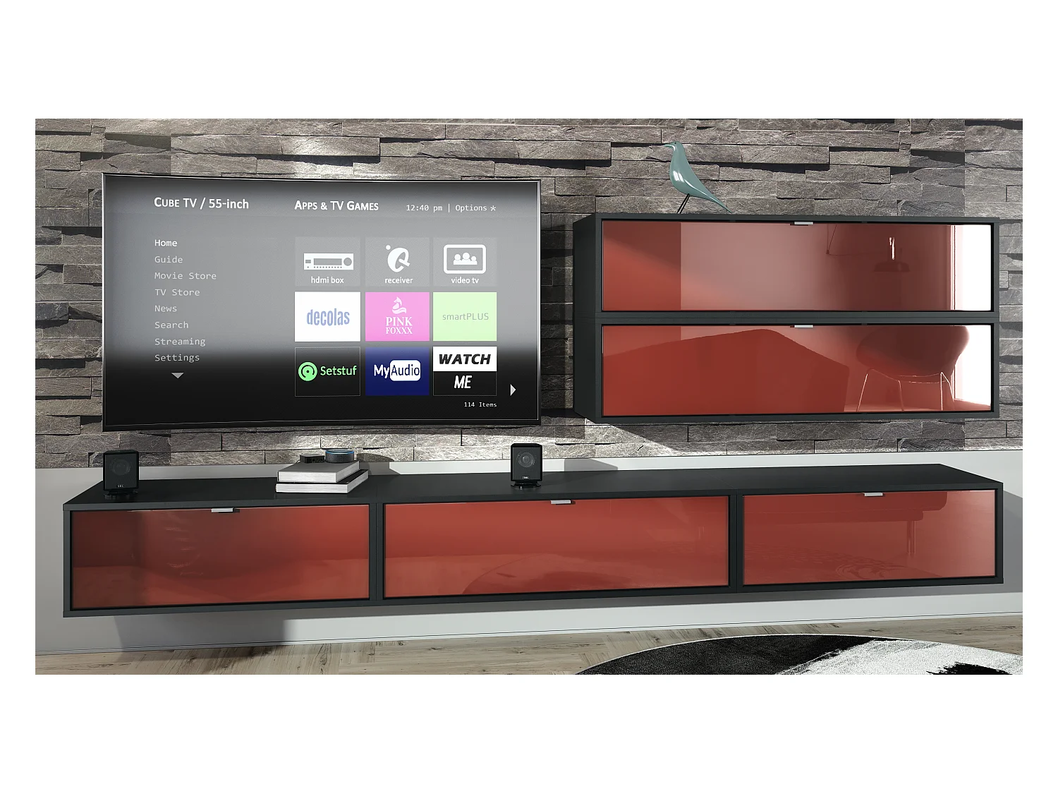 Unité murale Lana V2 composée de 5 unités murales à 12 compartiments, caisson en Noir mat, façades en Bordeaux haute brillance