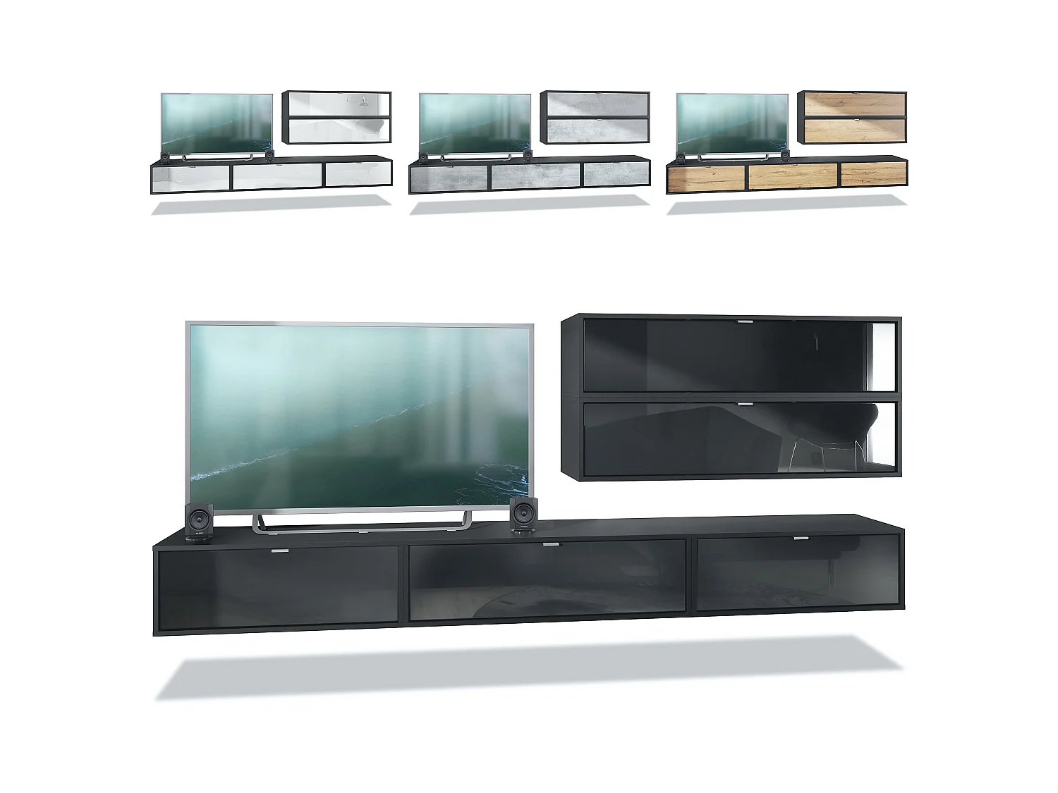 Unité murale Lana V2 composée de 5 unités murales à 12 compartiments, caisson en Noir mat, façades en Bordeaux haute brillance