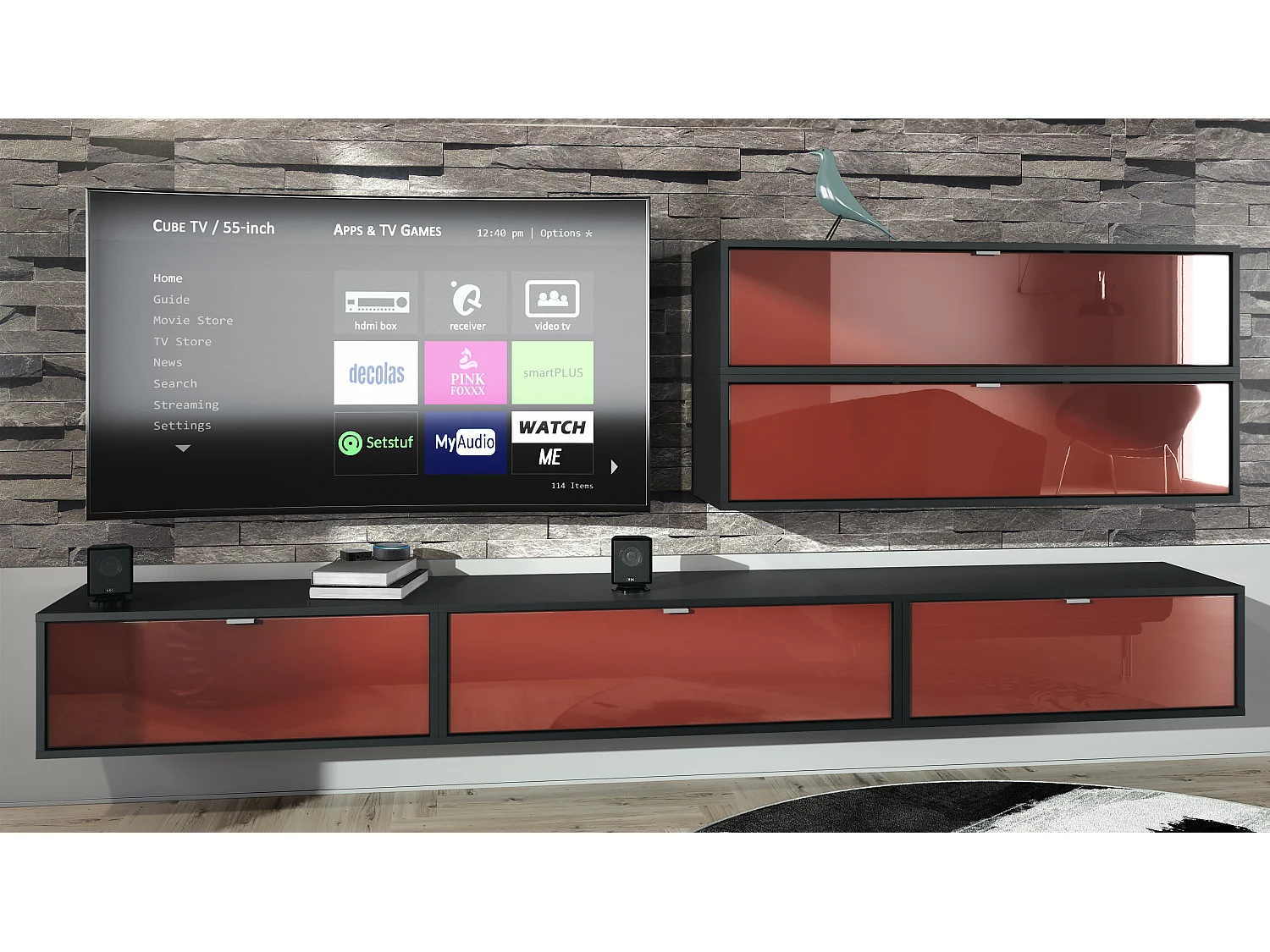 Parete attrezzata Lana V2 Centro di intrattenimento a 5 elementi sospesi con 12 ripiani, carcassa in nero opaco, frontali in bordeaux lucido