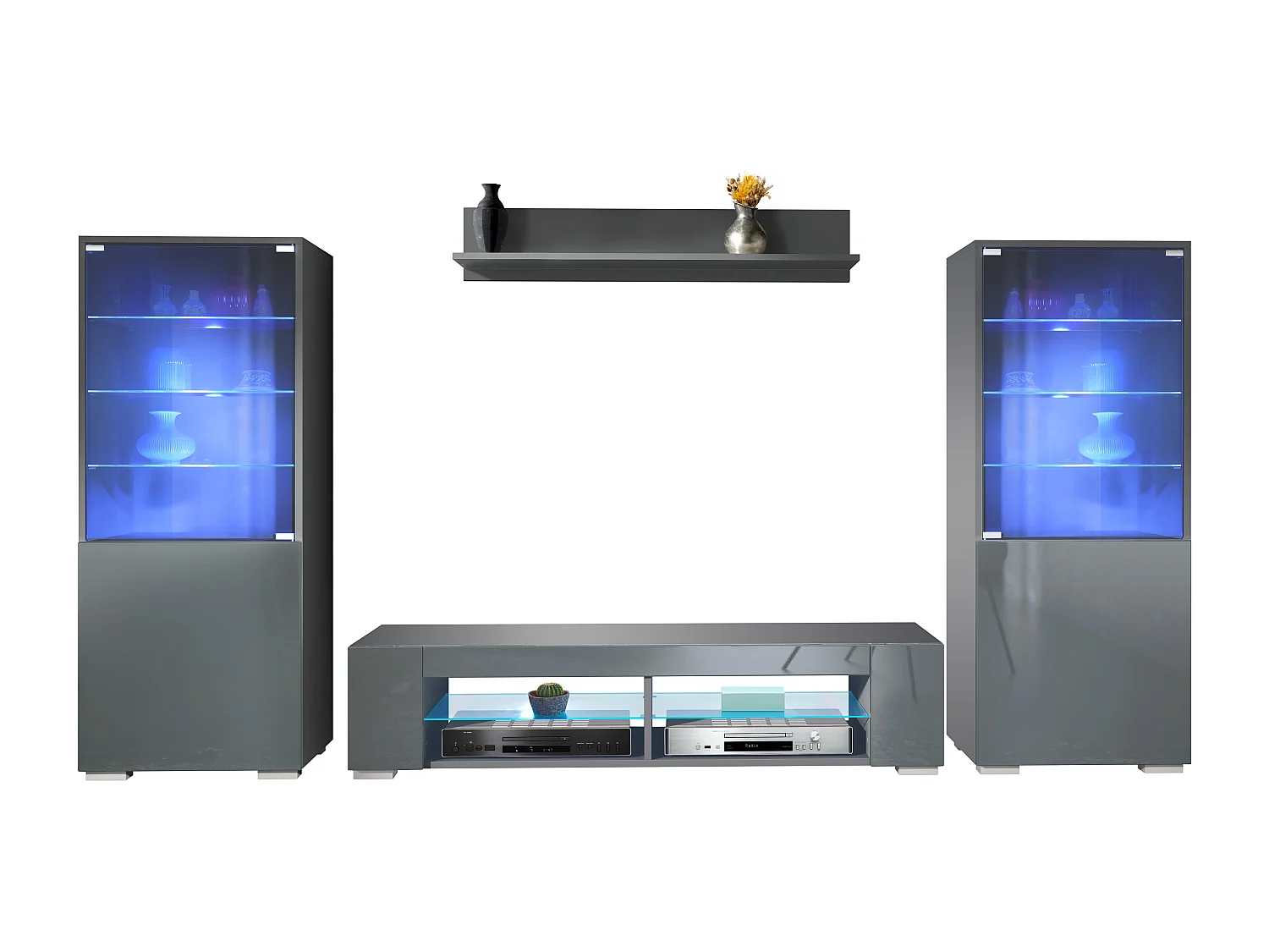 Ensemble mural Nevada V2, meuble de salon composé de 2 vitrines, 1 meuble TV et 1 étagère murale, Anthracite mat/gris brillant LED incluse (304,5 x 141 x 39 cm)