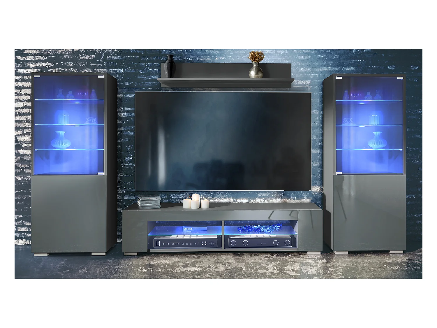Ensemble mural Nevada V2, meuble de salon composé de 2 vitrines, 1 meuble TV et 1 étagère murale, Anthracite mat/gris brillant LED incluse (304,5 x 141 x 39 cm)