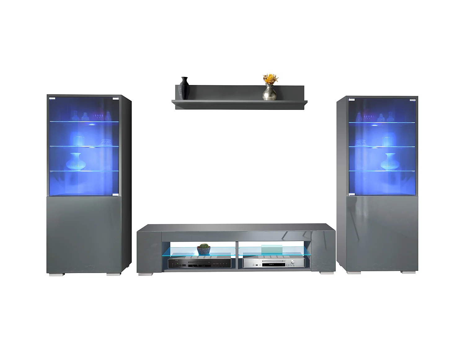 Ensemble mural Nevada V2, meuble de salon composé de 2 vitrines, 1 meuble TV et 1 étagère murale, Anthracite mat/gris brillant LED incluse (304,5 x 141 x 39 cm)