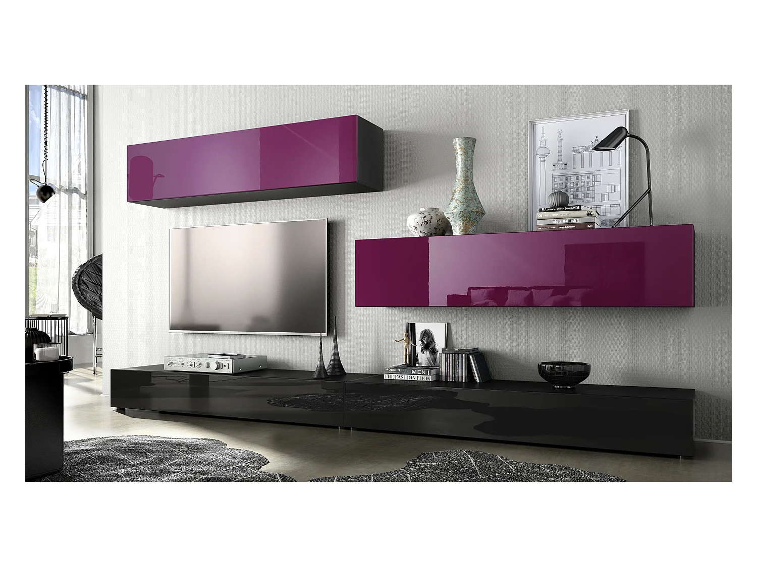 WOHNWAND Nublo Klappen in Brombeer Hochglanz