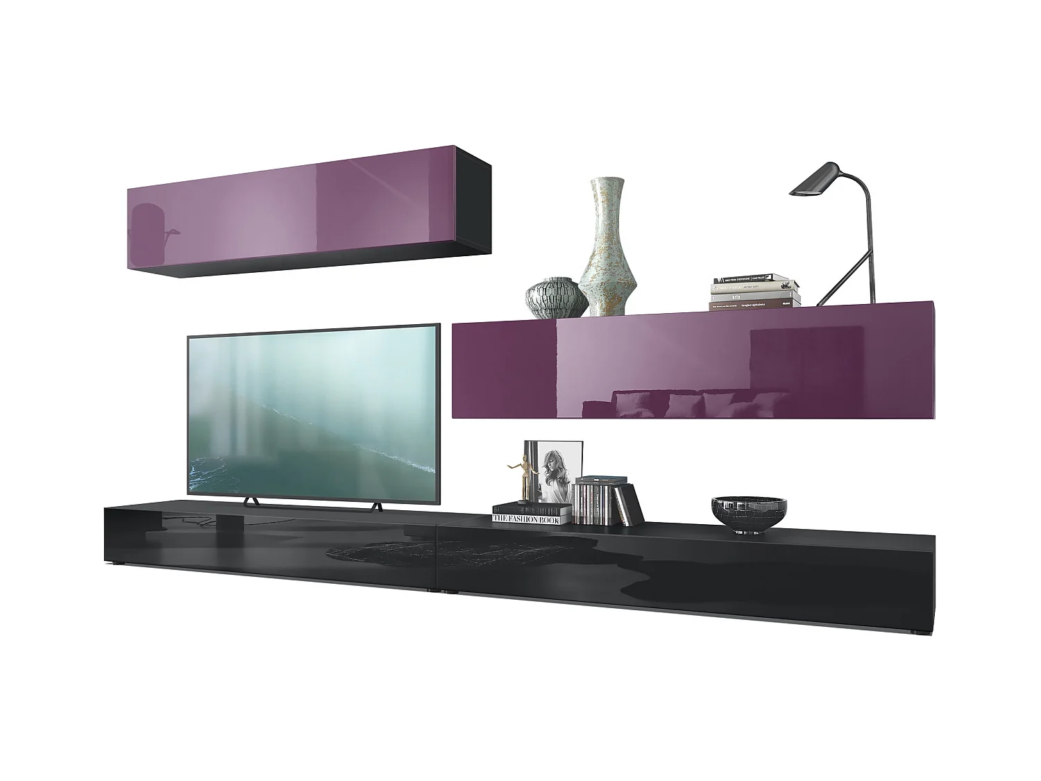 Combinaison murale Armoire Nublo, Corps en Noir mat / Façades en Noir haute brillance et Mûre haute brillance
