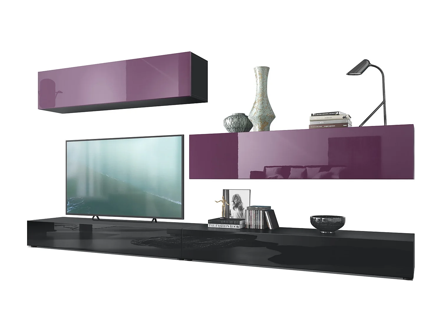 Combinaison murale Armoire Nublo, Corps en Noir mat / Façades en Noir haute brillance et Mûre haute brillance