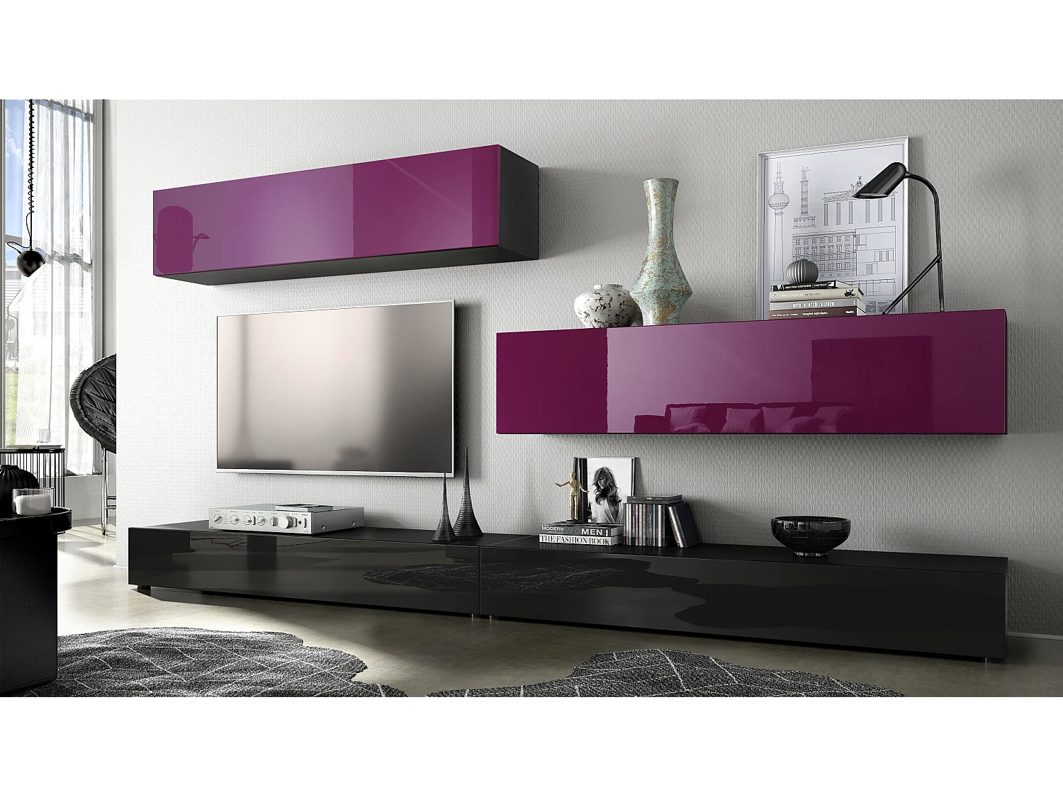 Combinaison murale Armoire Nublo, Corps en Noir mat / Façades en Noir haute brillance et Mûre haute brillance