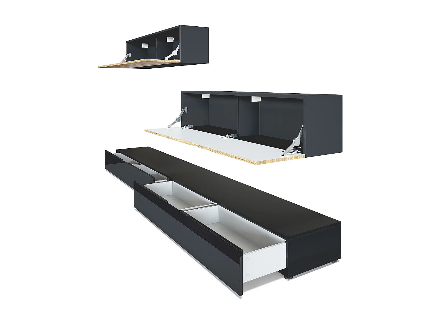 Combinaison murale Armoire Nublo, Corps en Noir mat / Façades en Noir haute brillance et Mûre haute brillance