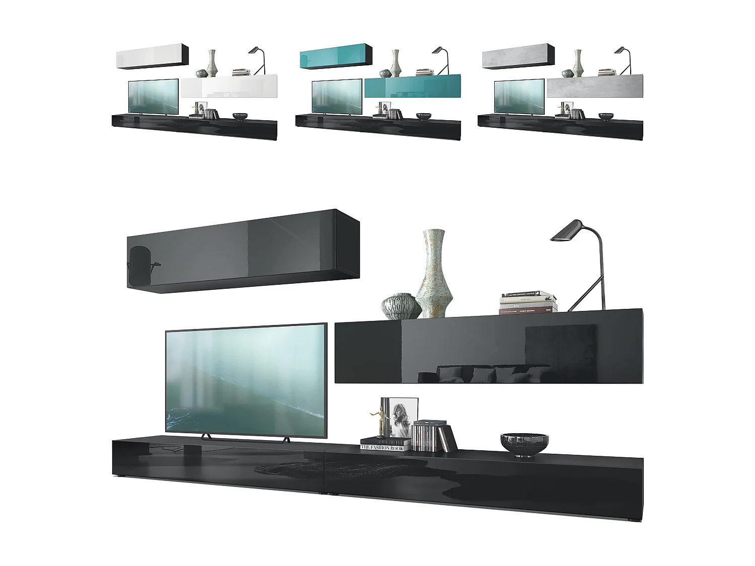 Combinaison murale Armoire Nublo, Corps en Noir mat / Façades en Noir haute brillance et Mûre haute brillance