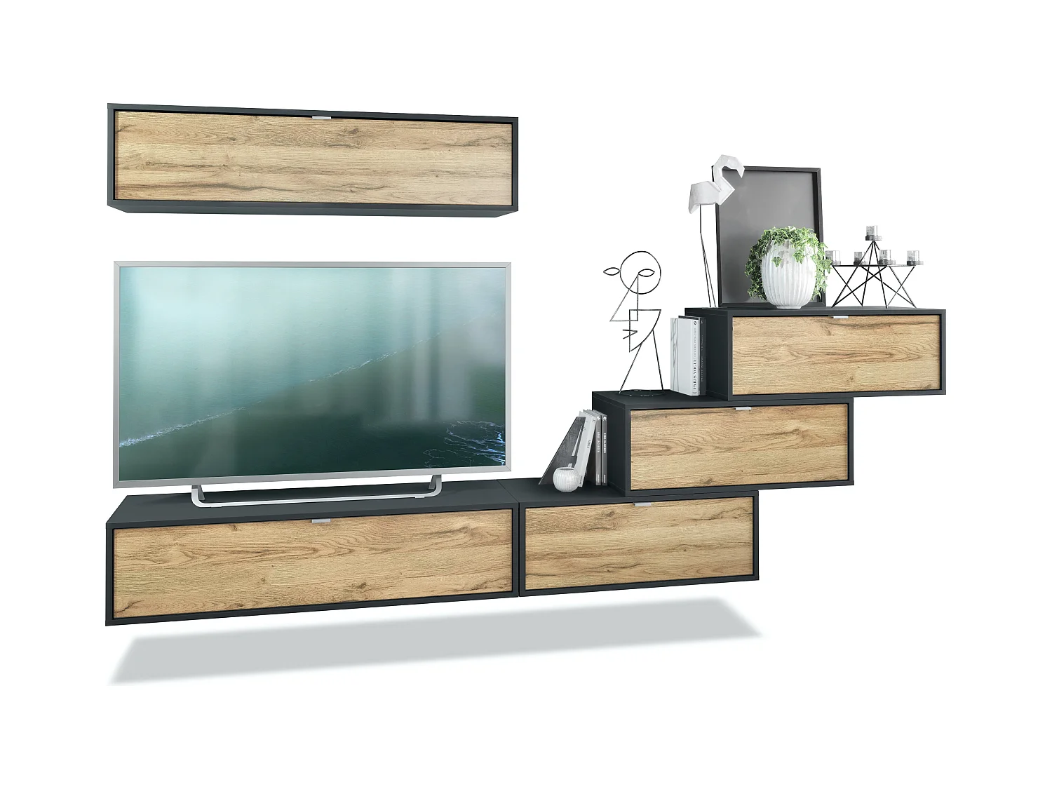 Unité murale Lana V1 composée de 5 unités murales à 12 compartiments, caisson en Noir mat, façades en Chêne Nature | Grand choix de couleurs