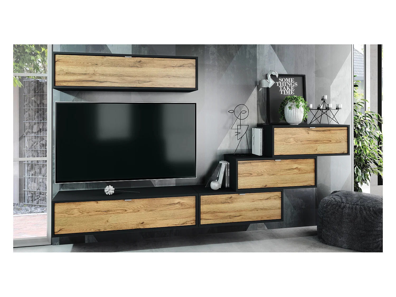 Unité murale Lana V1 composée de 5 unités murales à 12 compartiments, caisson en Noir mat, façades en Chêne Nature | Grand choix de couleurs