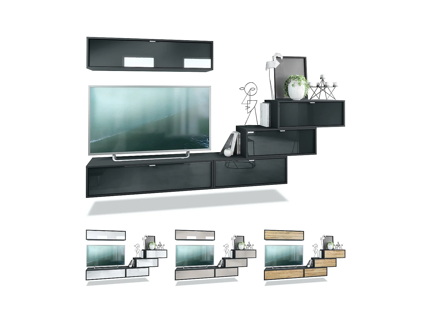 Unité murale Lana V1 composée de 5 unités murales à 12 compartiments, caisson en Noir mat, façades en Chêne Nature | Grand choix de couleurs