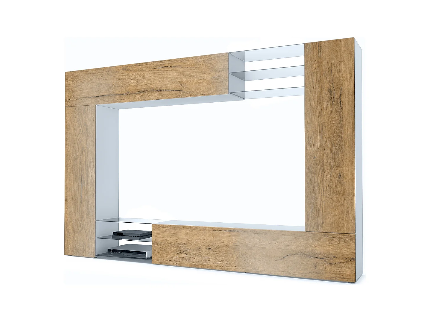 Meuble TV mural Mirage, Ensemble étagère TV avec panneau arrière et 2 portes, 2 clapets et 6 étagères en verre, Blanc mat/Chêne Nature (262 x 183 x 39 cm)