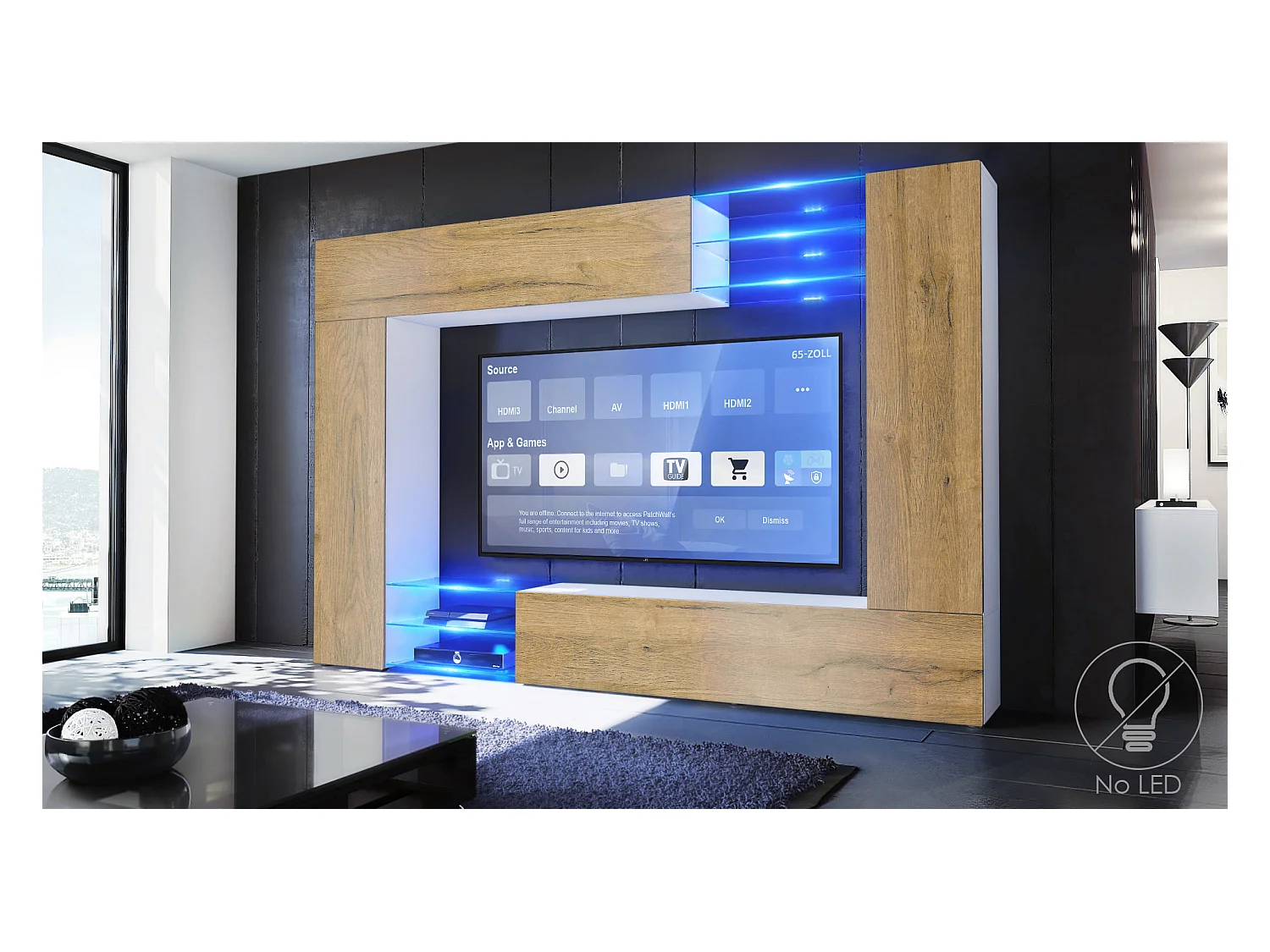 Meuble TV mural Mirage, Ensemble étagère TV avec panneau arrière et 2 portes, 2 clapets et 6 étagères en verre, Blanc mat/Chêne Nature (262 x 183 x 39 cm)