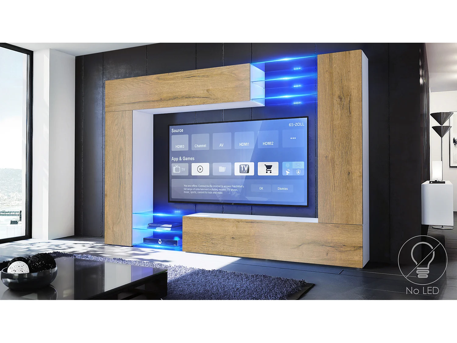 Set da soggiorno  Mirage, Parete attrezzata con 2 ante, 2 ante a ribalta e 6 ripiani a giorno in vetro, bianco opaco/quercia naturale (262 x 183 x 39 cm)