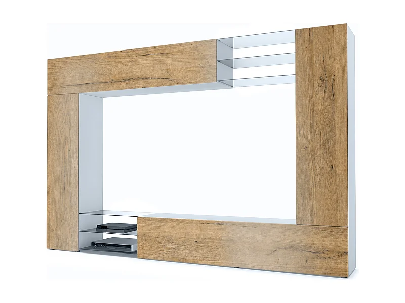 Meuble TV mural Mirage, Ensemble étagère TV avec panneau arrière et 2 portes, 2 clapets et 6 étagères en verre, Blanc mat/Chêne Nature (262 x 183 x 39 cm)