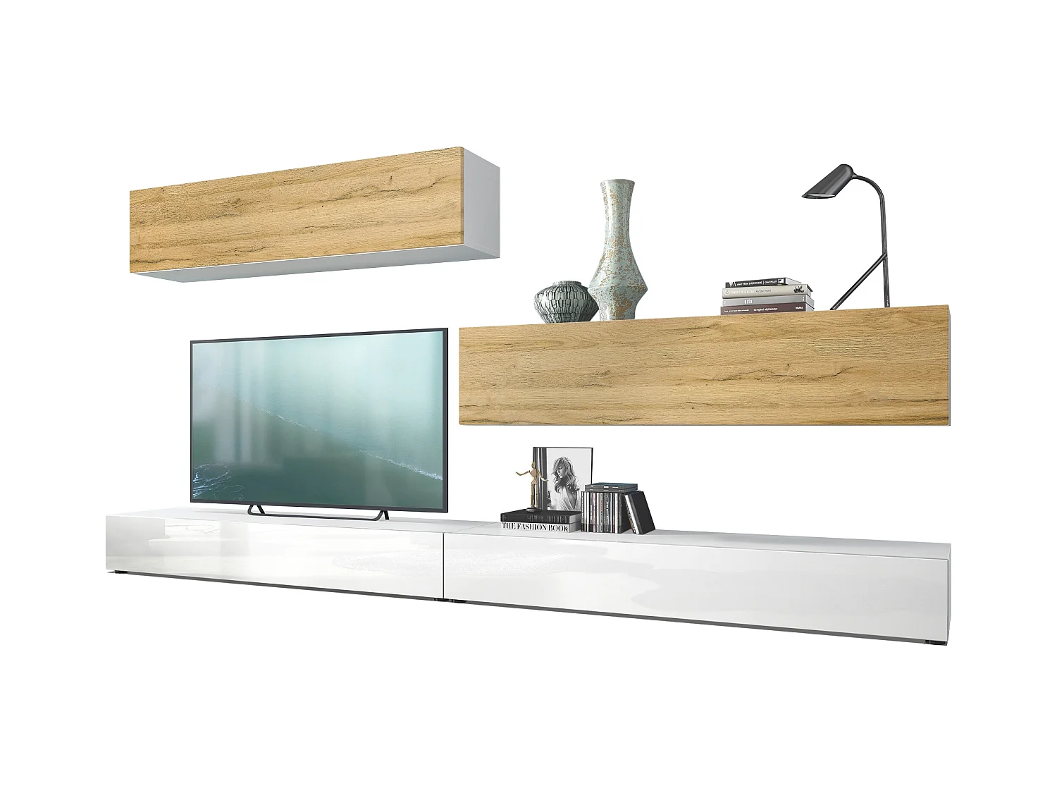Combinaison murale Armoire Nublo, Corps en Blanc mat / Façades en Blanc haute brillance et Chêne Nature