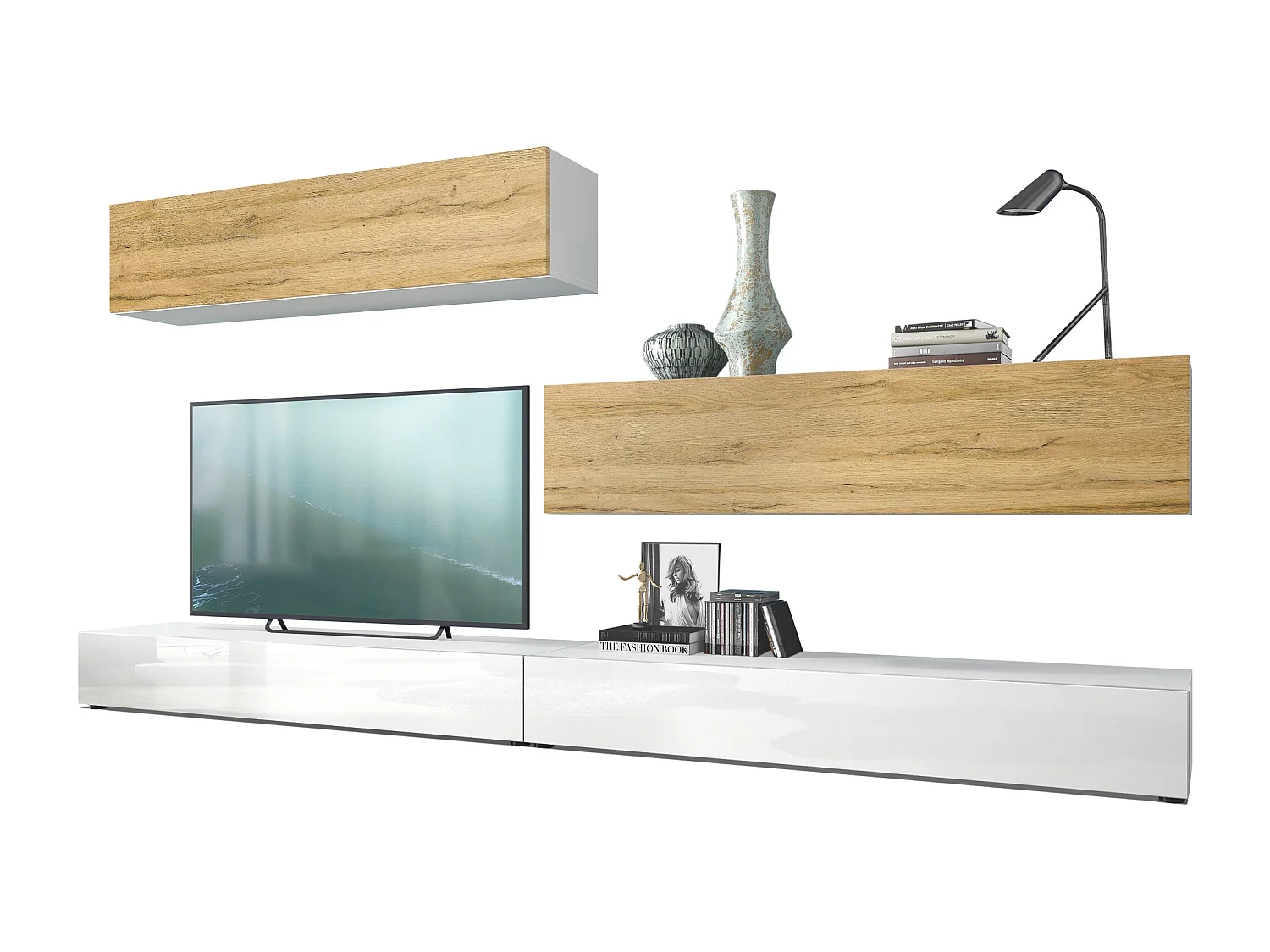 Combinaison murale Armoire Nublo, Corps en Blanc mat / Façades en Blanc haute brillance et Chêne Nature