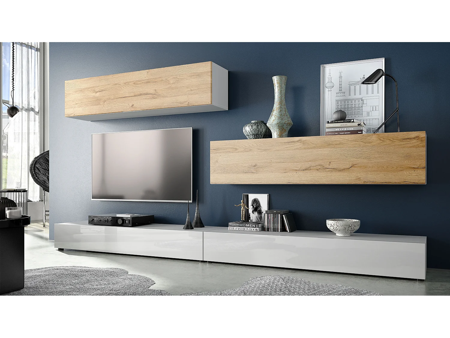 Combinaison murale Armoire Nublo, Corps en Blanc mat / Façades en Blanc haute brillance et Chêne Nature