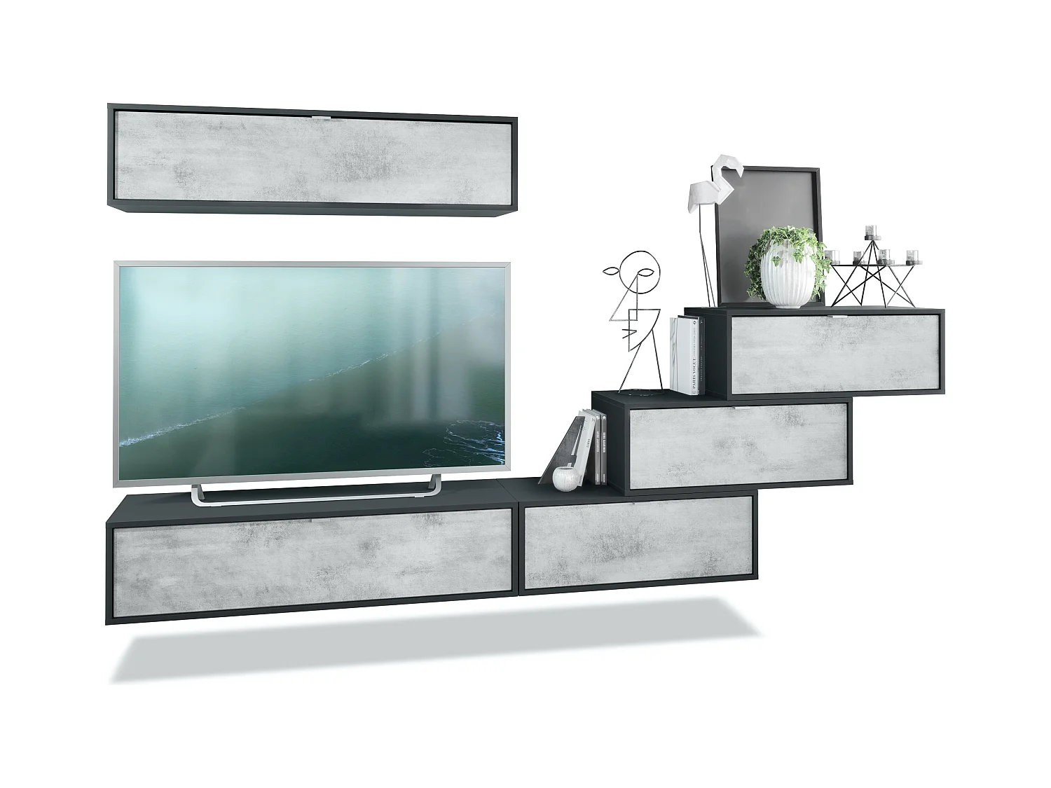 Unité murale Lana V1 composée de 5 unités murales à 12 compartiments, caisson en Noir mat, façades en Aspect Béton Oxyde | Grand choix de couleurs