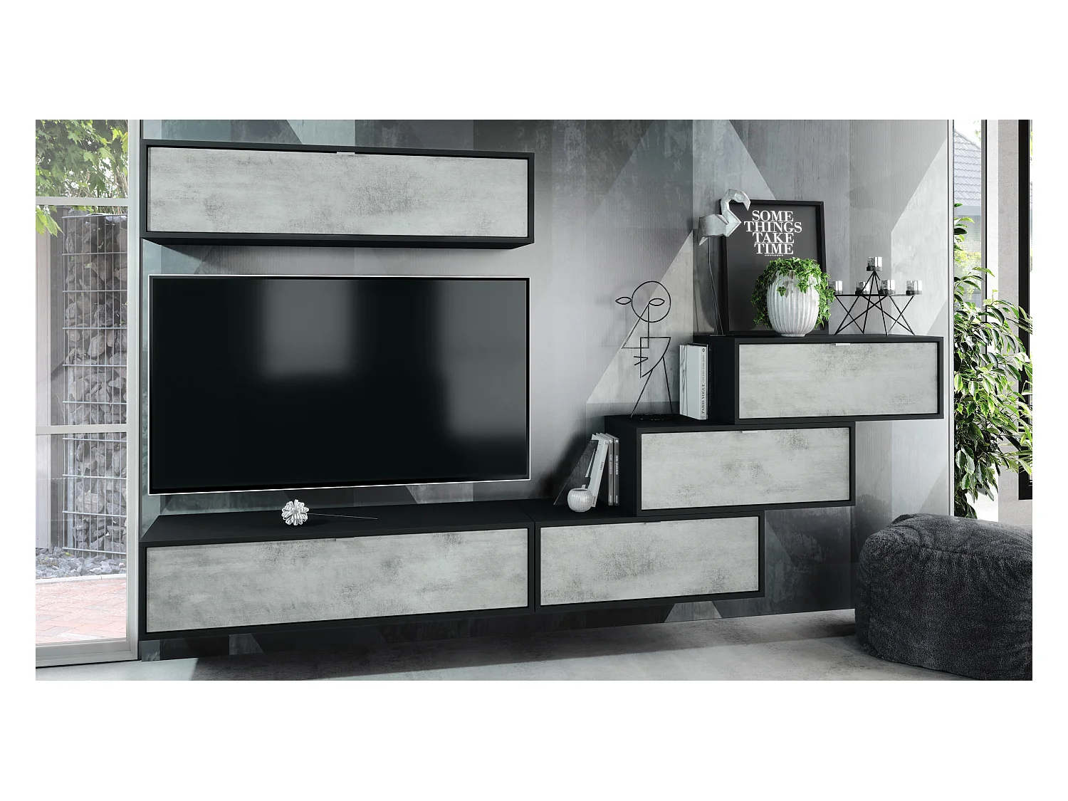 Unité murale Lana V1 composée de 5 unités murales à 12 compartiments, caisson en Noir mat, façades en Aspect Béton Oxyde | Grand choix de couleurs