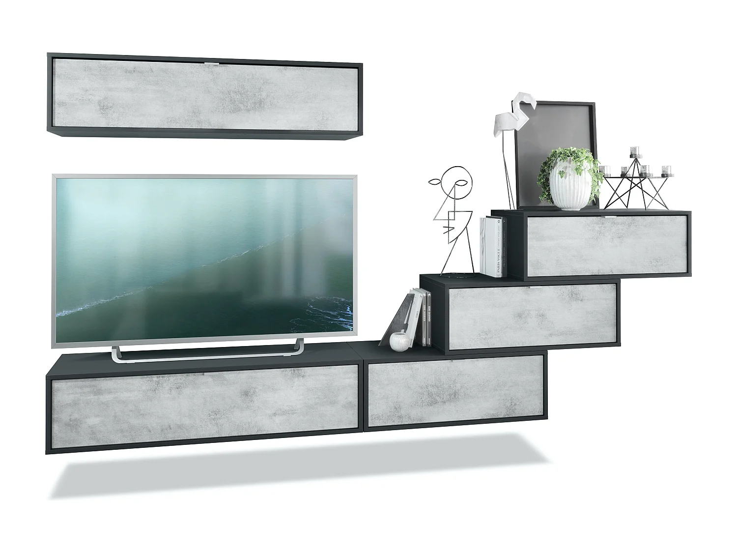 Unité murale Lana V1 composée de 5 unités murales à 12 compartiments, caisson en Noir mat, façades en Aspect Béton Oxyde | Grand choix de couleurs