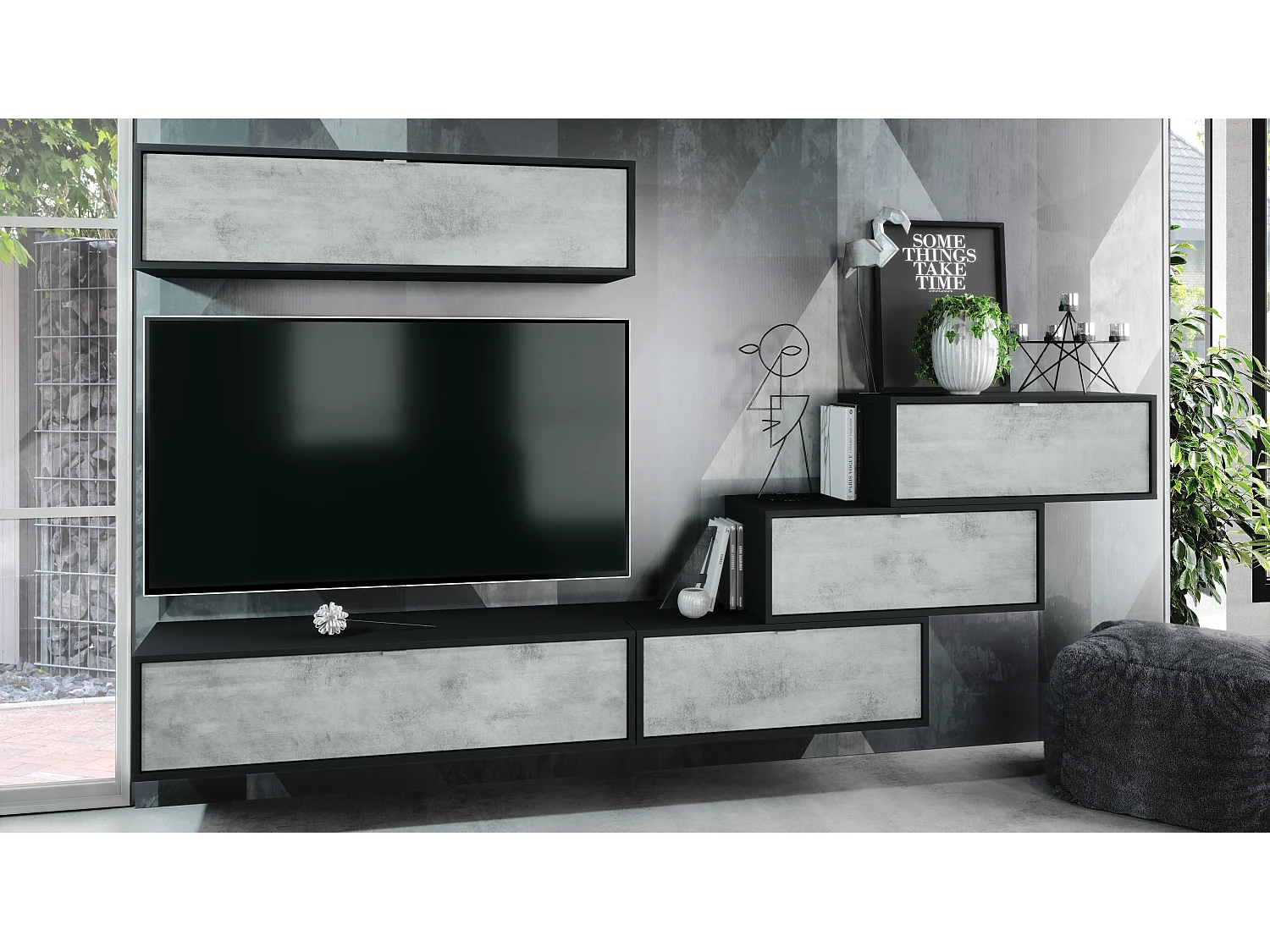 Unité murale Lana V1 composée de 5 unités murales à 12 compartiments, caisson en Noir mat, façades en Aspect Béton Oxyde | Grand choix de couleurs