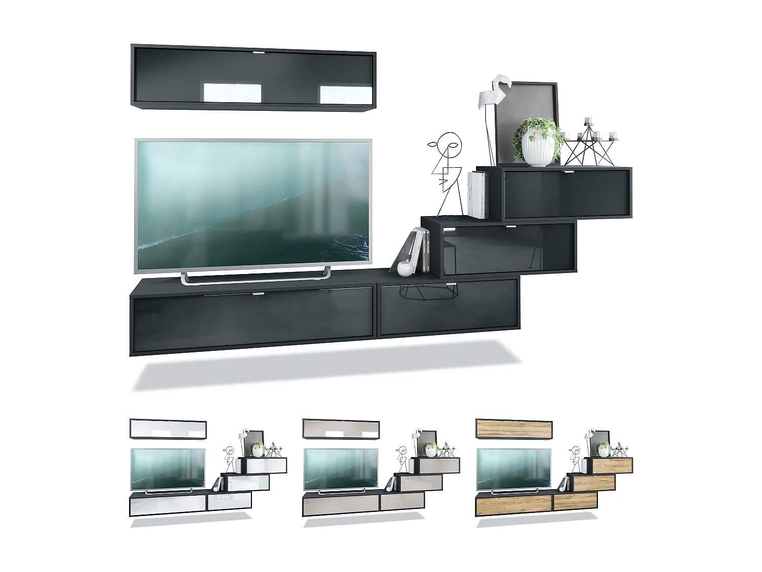 Unité murale Lana V1 composée de 5 unités murales à 12 compartiments, caisson en Noir mat, façades en Aspect Béton Oxyde | Grand choix de couleurs