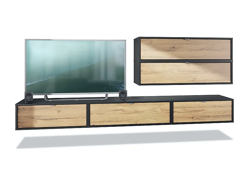 Mueble de pared Lana V2 unidad de pared compuesta por 5 unidades de pared con 12 compartimentos, cuerpo en Negro mate, frentes en Roble natural