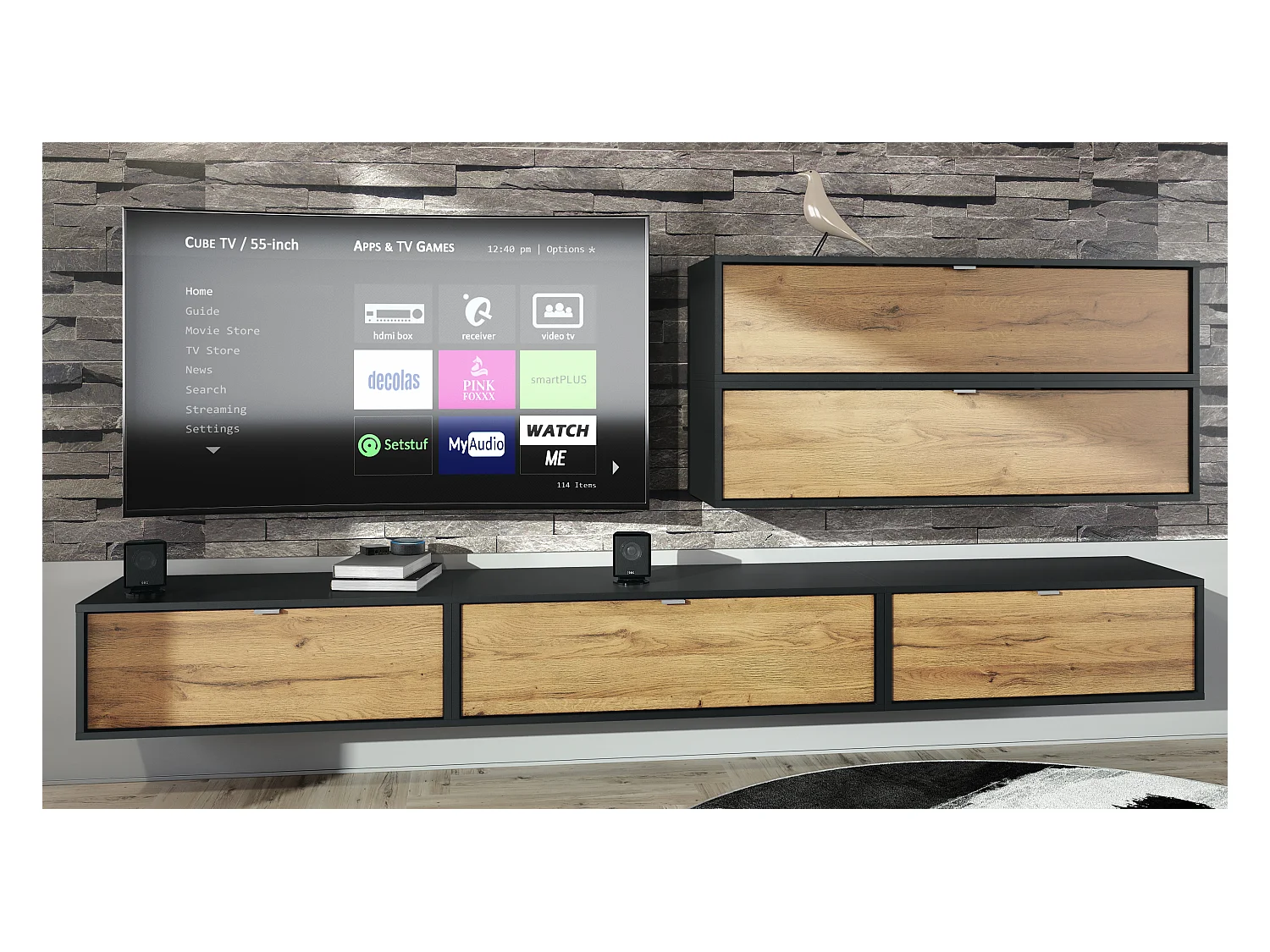 Unité murale Lana V2 composée de 5 unités murales à 12 compartiments, caisson en Noir mat, façades en Chêne Nature