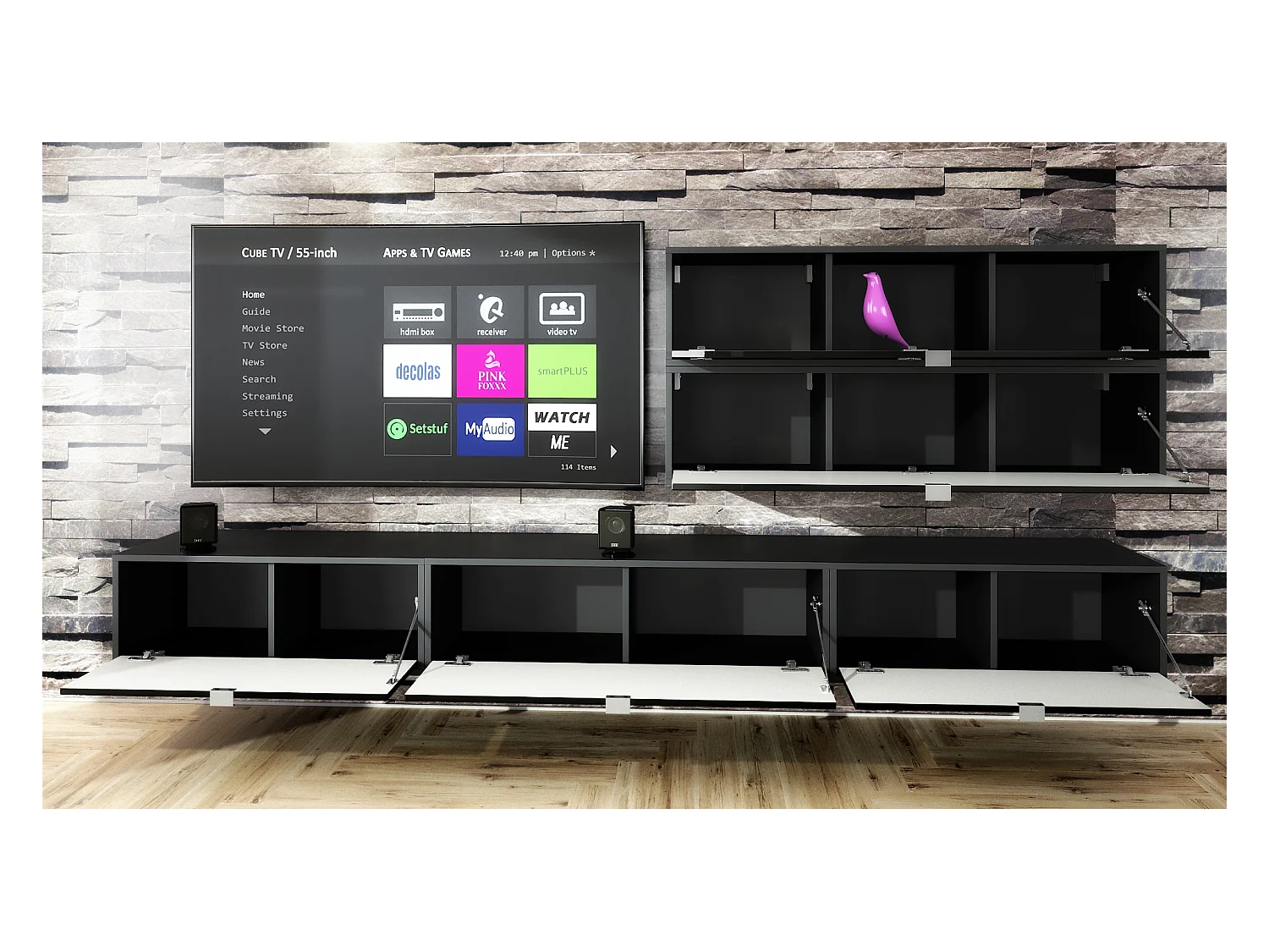 Unité murale Lana V2 composée de 5 unités murales à 12 compartiments, caisson en Noir mat, façades en Chêne Nature