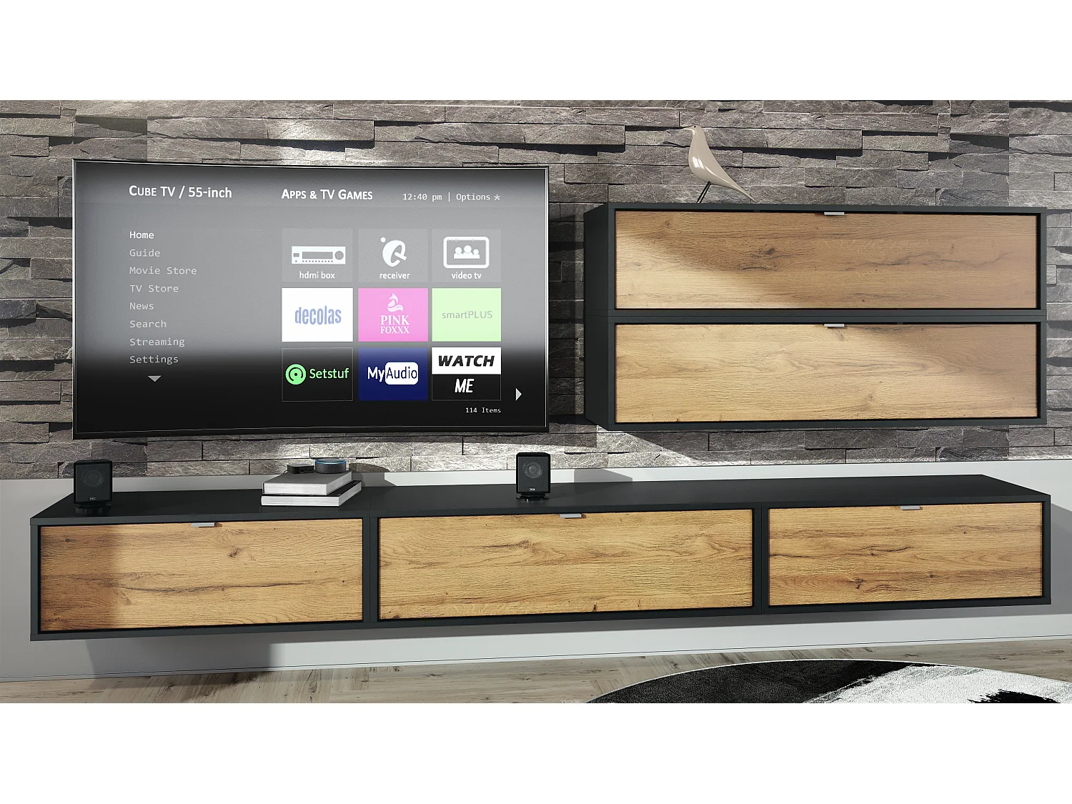 Parete attrezzata Lana V2 Centro di intrattenimento composto da 5 elementi sospesi con 12 ripiani, struttura in nero opaco, frontali in rovere naturale.