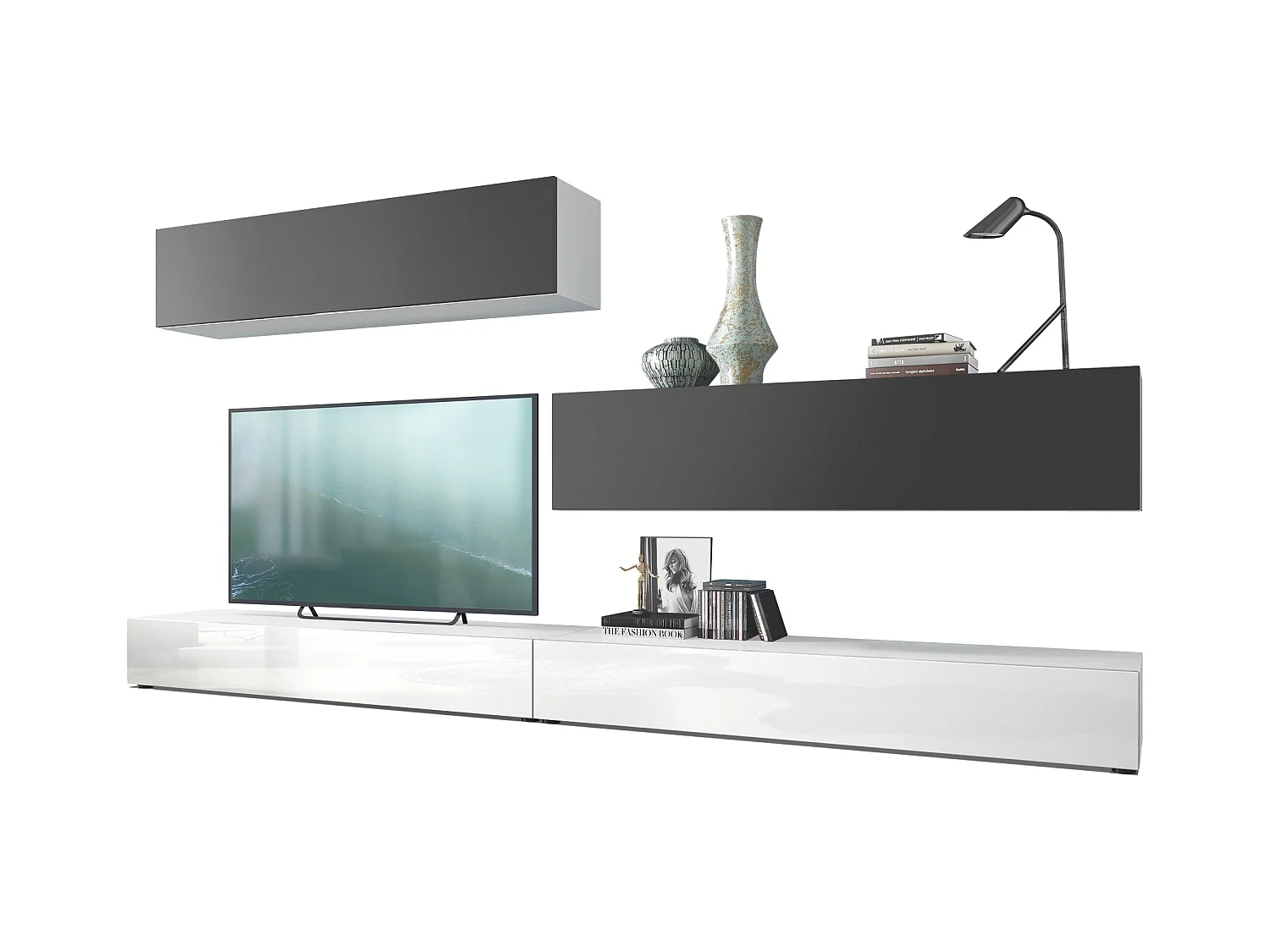 Combinaison murale Armoire Nublo, Corps en Blanc mat / Façades en Blanc haute brillance et Noir mat