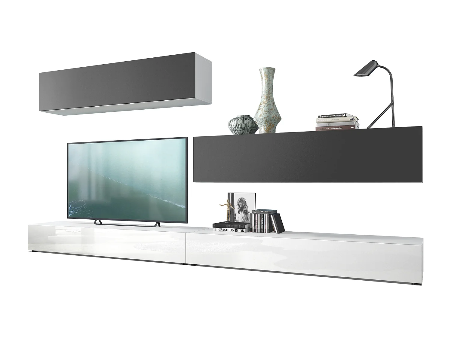 Porta TV  a parete Nublo, struttura in bianco opaco / frontali in bianco lucido e nero opaco