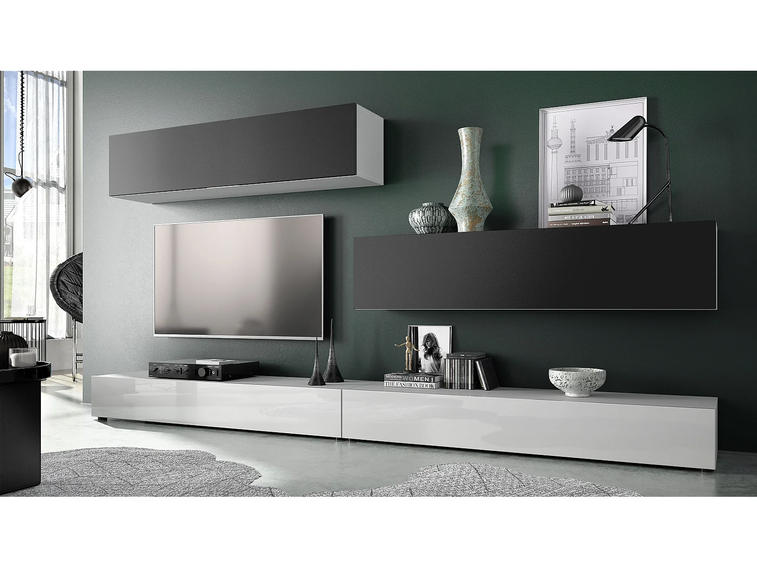 Porta TV  a parete Nublo, struttura in bianco opaco / frontali in bianco lucido e nero opaco