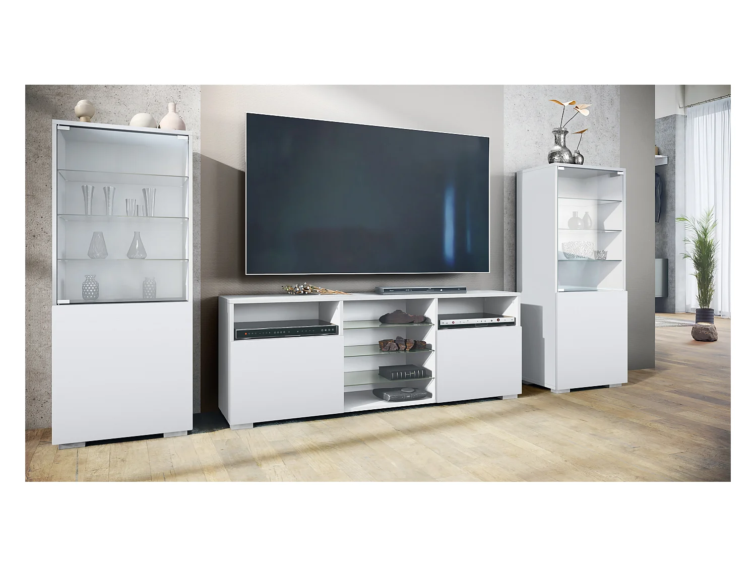 Ensemble mural Granada pour salon, comprenant 2 vitrines et 1 meuble TV, blanc mat/blanc mat (286 x 122,5 x 35 cm)