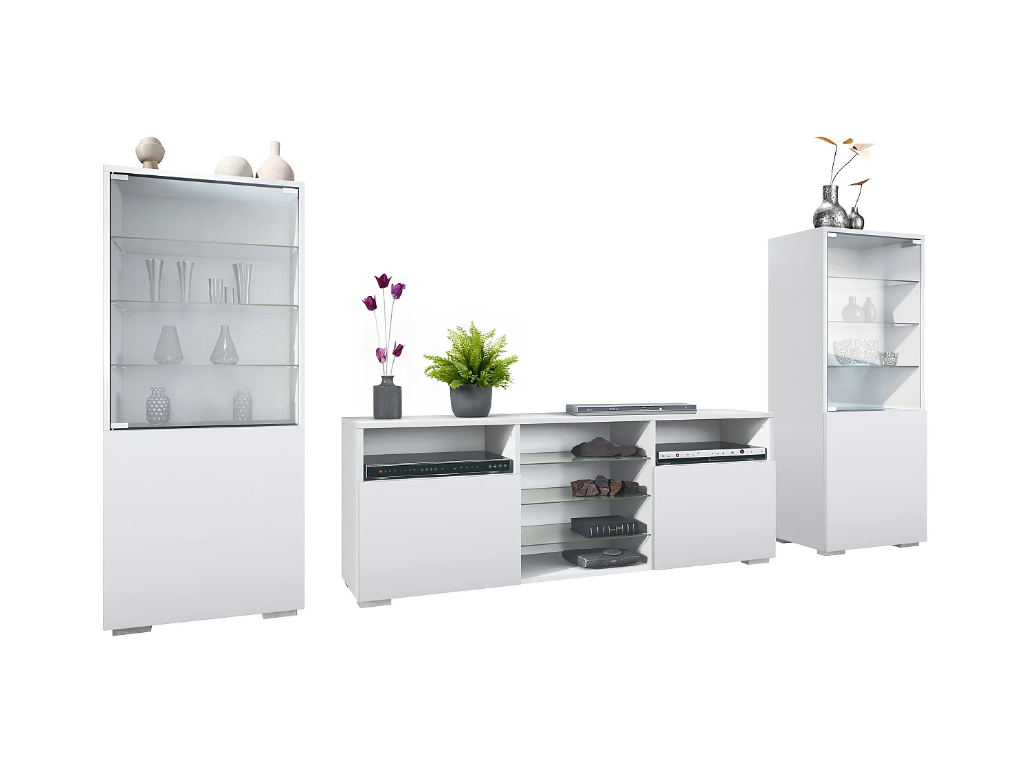 Ensemble mural Granada pour salon, comprenant 2 vitrines et 1 meuble TV, blanc mat/blanc mat (286 x 122,5 x 35 cm)