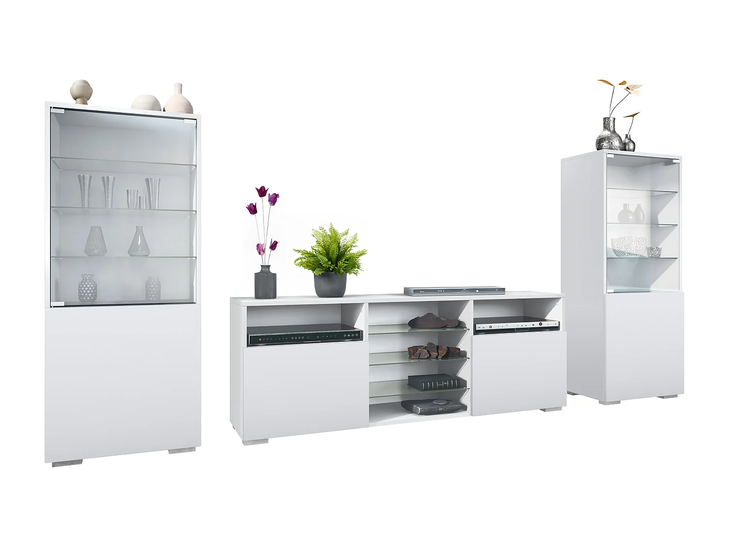 Ensemble mural Granada pour salon, comprenant 2 vitrines et 1 meuble TV, blanc mat/blanc mat (286 x 122,5 x 35 cm)