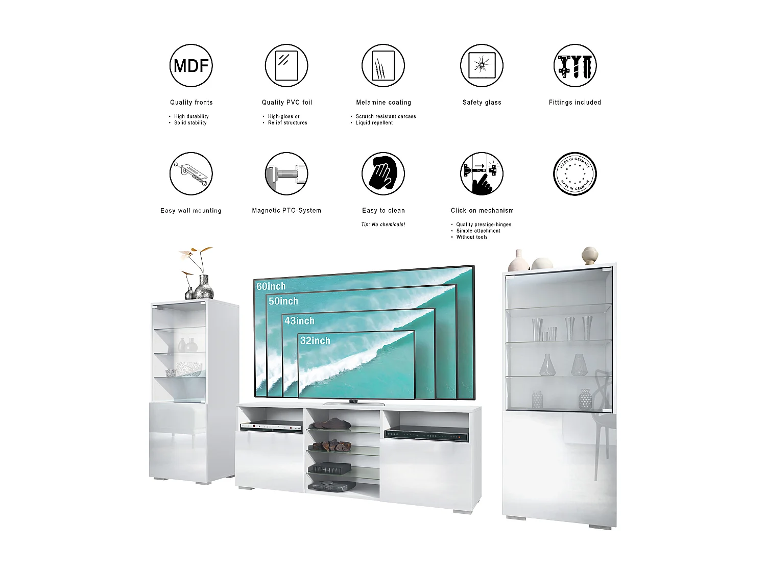 Ensemble mural Granada pour salon, comprenant 2 vitrines et 1 meuble TV, blanc mat/blanc mat (286 x 122,5 x 35 cm)