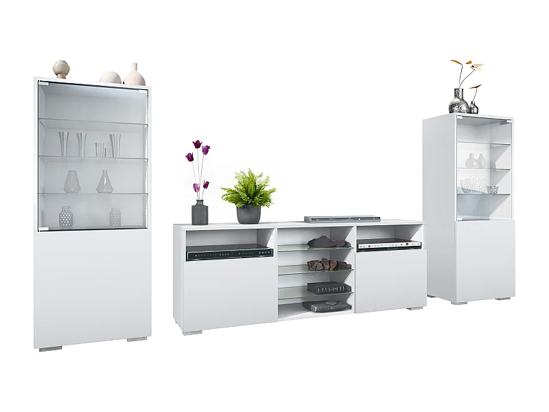 Ensemble mural Granada pour salon, comprenant 2 vitrines et 1 meuble TV, blanc mat/blanc mat (286 x 122,5 x 35 cm)