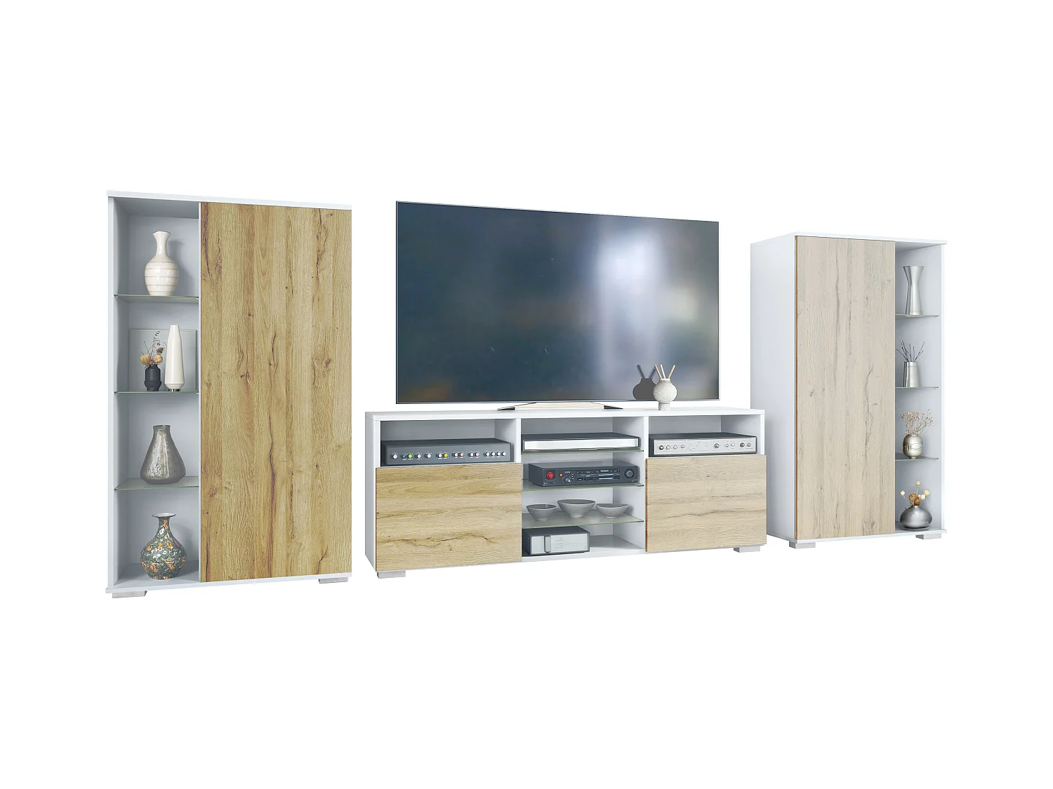 Mobile parete Davos per soggiorno, composto da 2 vetrine e 1 mobile TV, bianco opaco/rovere naturale (329 x 134 x 35 cm)