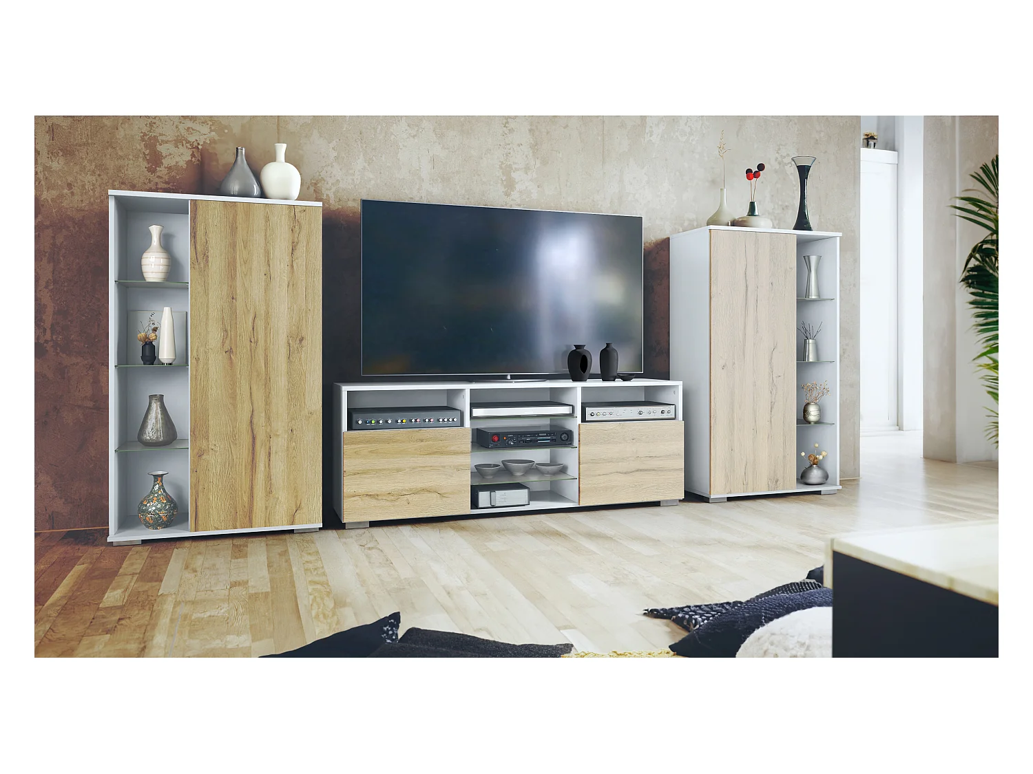 Ensemble mural Davos pour salon, comprenant 2 vitrines et 1 meuble TV, blanc mat/chêne nature (329 x 134 x 35 cm)