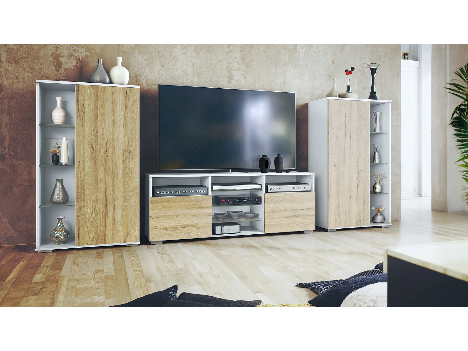 Ensemble mural Davos pour salon, comprenant 2 vitrines et 1 meuble TV, blanc mat/chêne nature (329 x 134 x 35 cm)