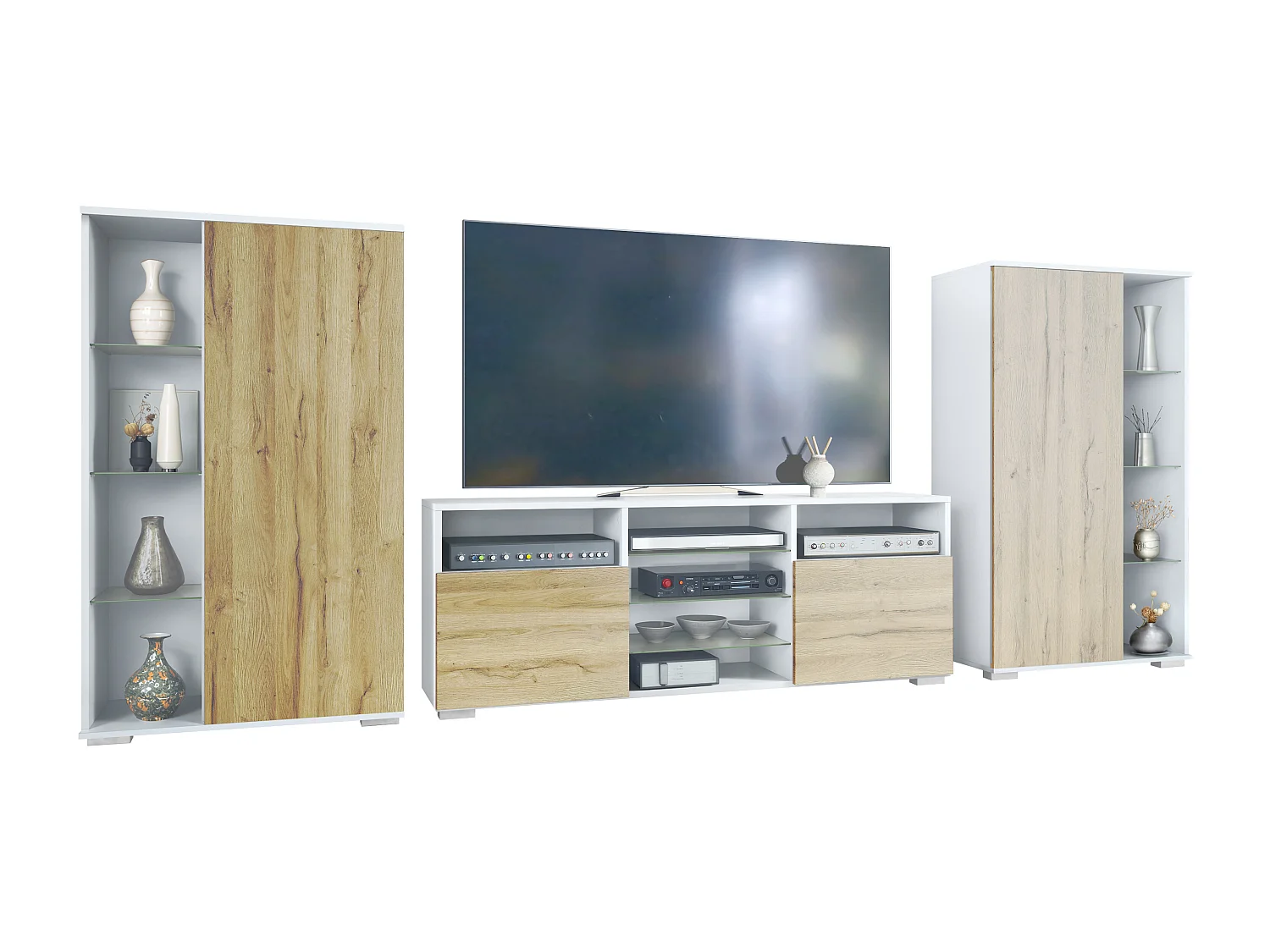 Ensemble mural Davos pour salon, comprenant 2 vitrines et 1 meuble TV, blanc mat/chêne nature (329 x 134 x 35 cm)