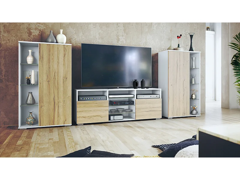 Ensemble mural Davos pour salon, comprenant 2 vitrines et 1 meuble TV, blanc mat/chêne nature (329 x 134 x 35 cm)
