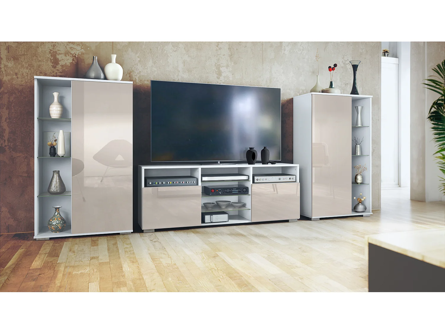 Ensemble mural Davos pour salon, comprenant 2 vitrines et 1 meuble TV, blanc mat/gris sable haute brillance (329 x 134 x 35 cm)