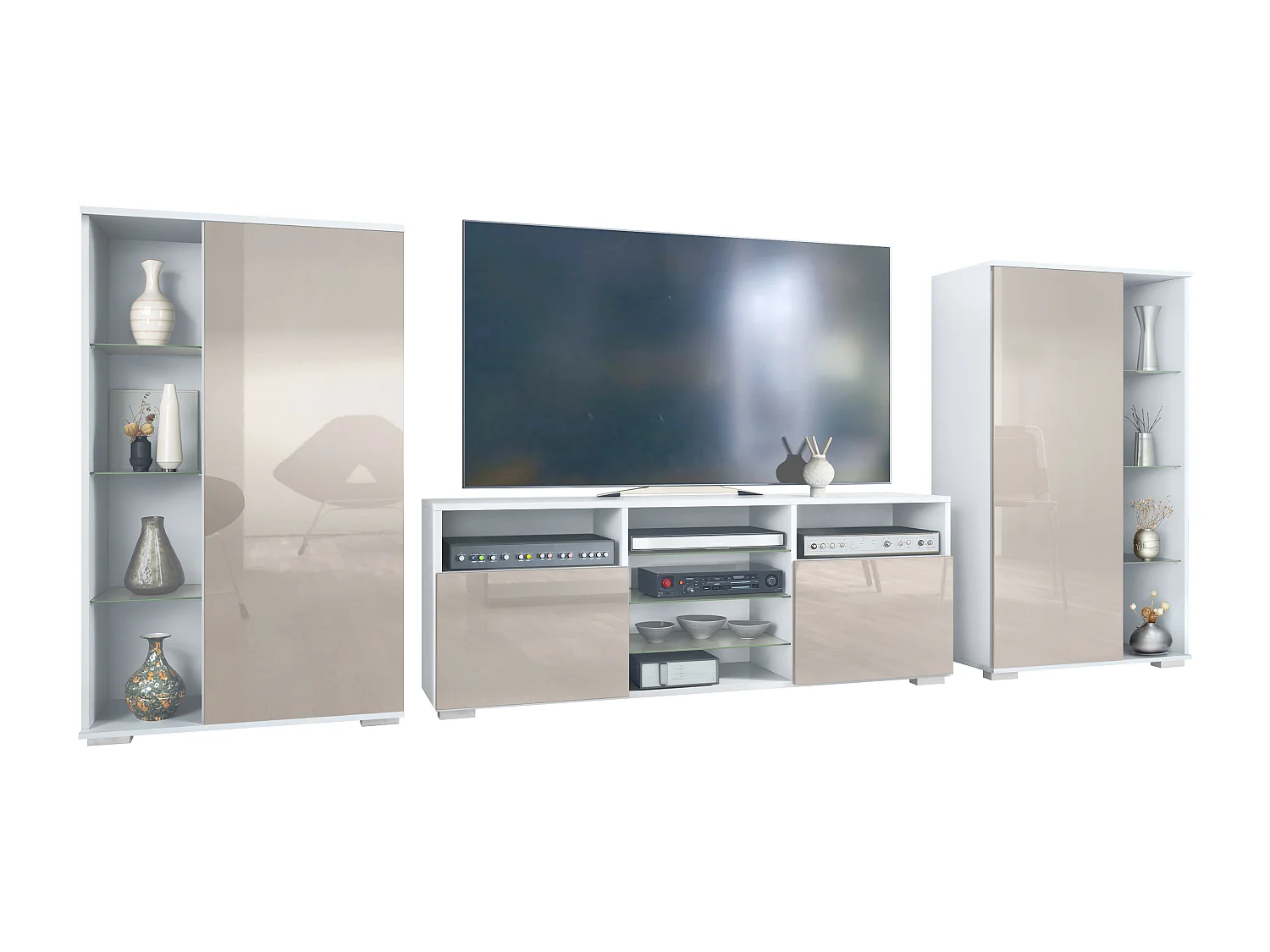 Ensemble mural Davos pour salon, comprenant 2 vitrines et 1 meuble TV, blanc mat/gris sable haute brillance (329 x 134 x 35 cm)