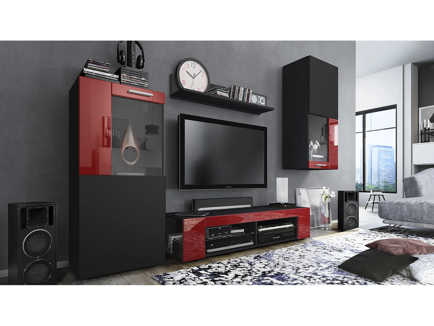 Ensemble de salon Movie comprenant 1 meuble bas TV, 2 vitrines et 1 étagère, Noir mat/Bordeaux haute brillance, (Dimensions totales : 300 x 190 x 39 cm)