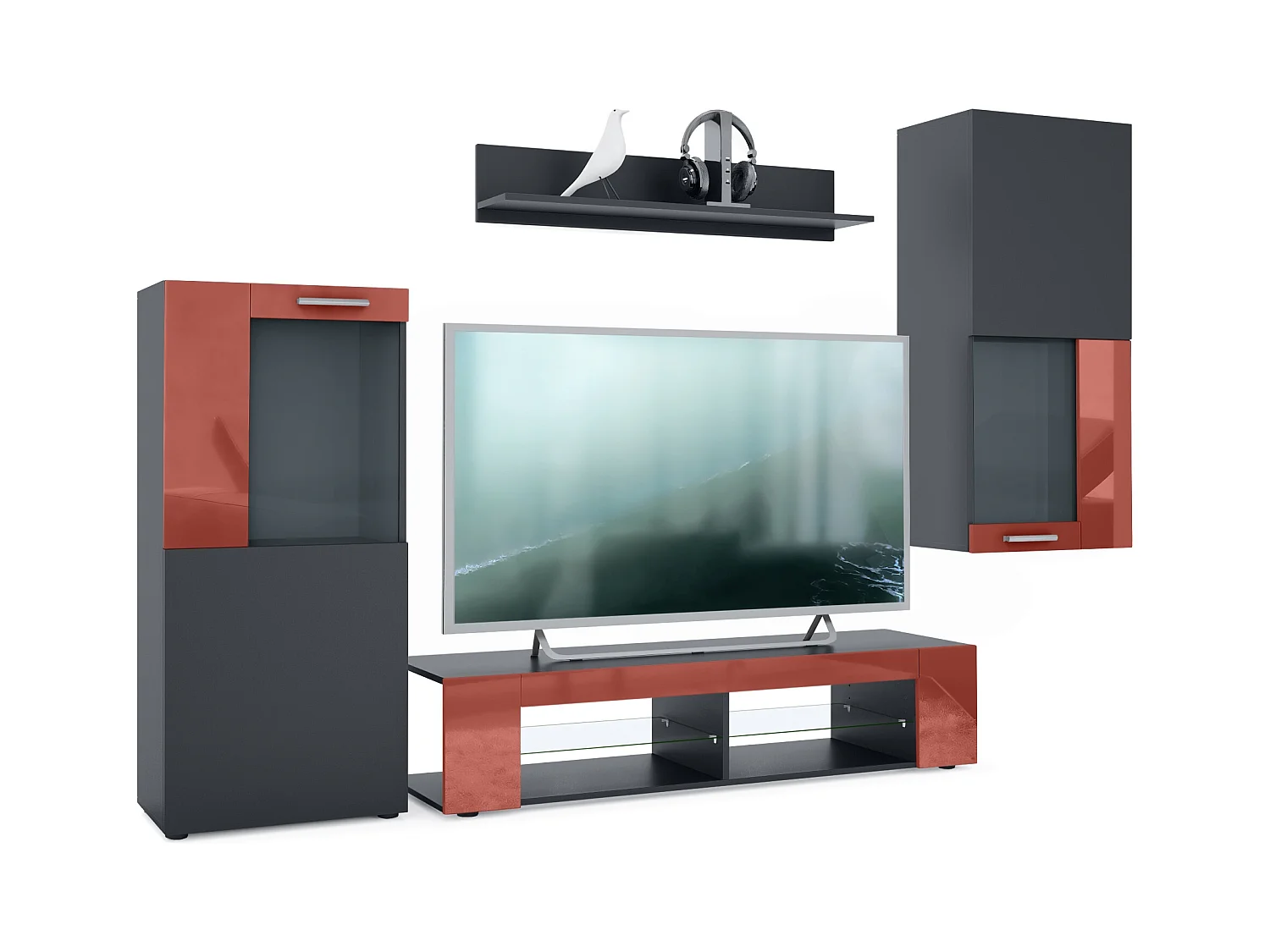 Ensemble de salon Movie comprenant 1 meuble bas TV, 2 vitrines et 1 étagère, Noir mat/Bordeaux haute brillance, (Dimensions totales : 300 x 190 x 39 cm)