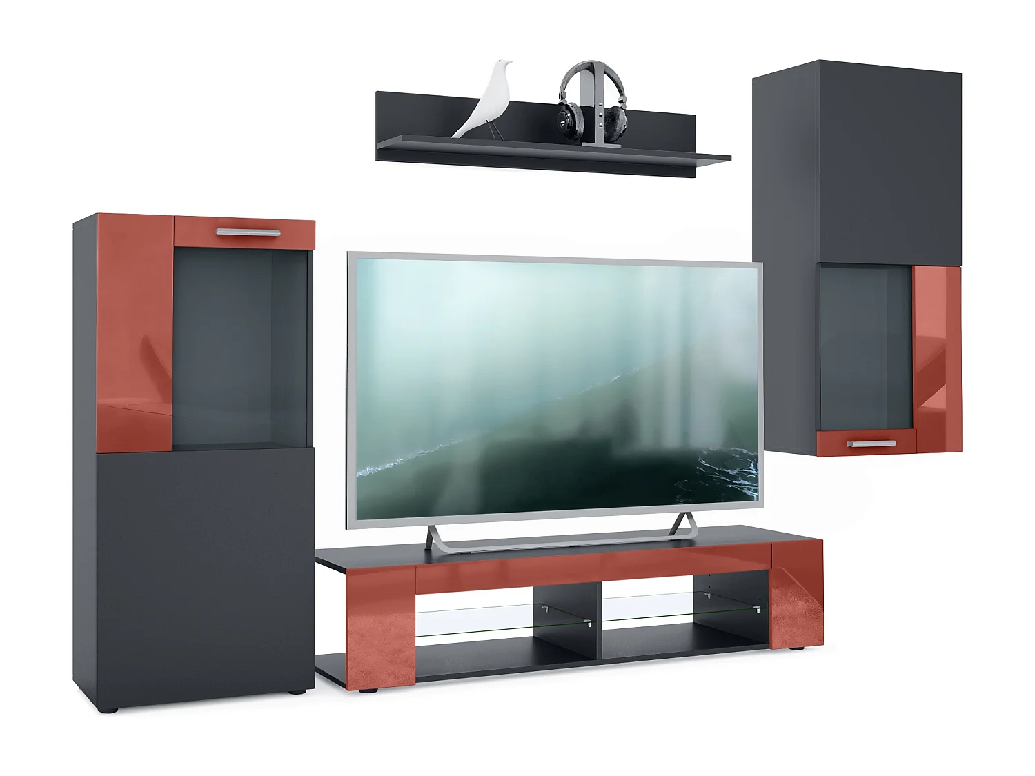 Ensemble de salon Movie comprenant 1 meuble bas TV, 2 vitrines et 1 étagère, Noir mat/Bordeaux haute brillance, (Dimensions totales : 300 x 190 x 39 cm)